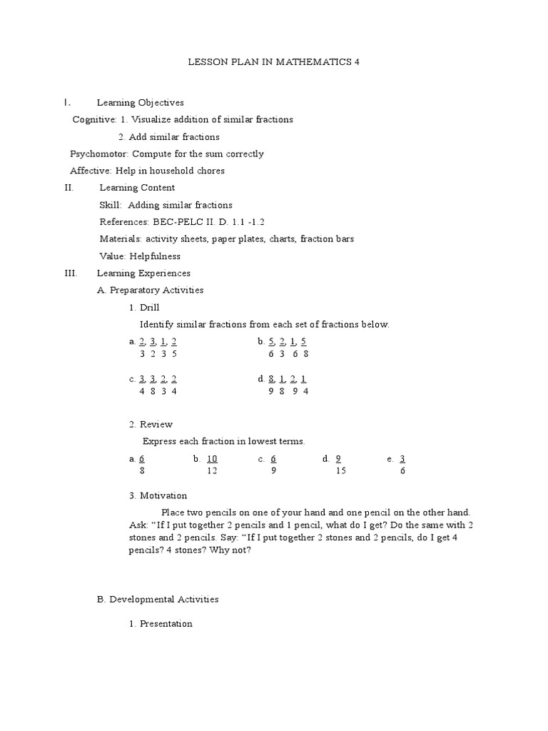 Lesson Plan in Grade 4 Math PDF Fraction (Mathematics) Learning