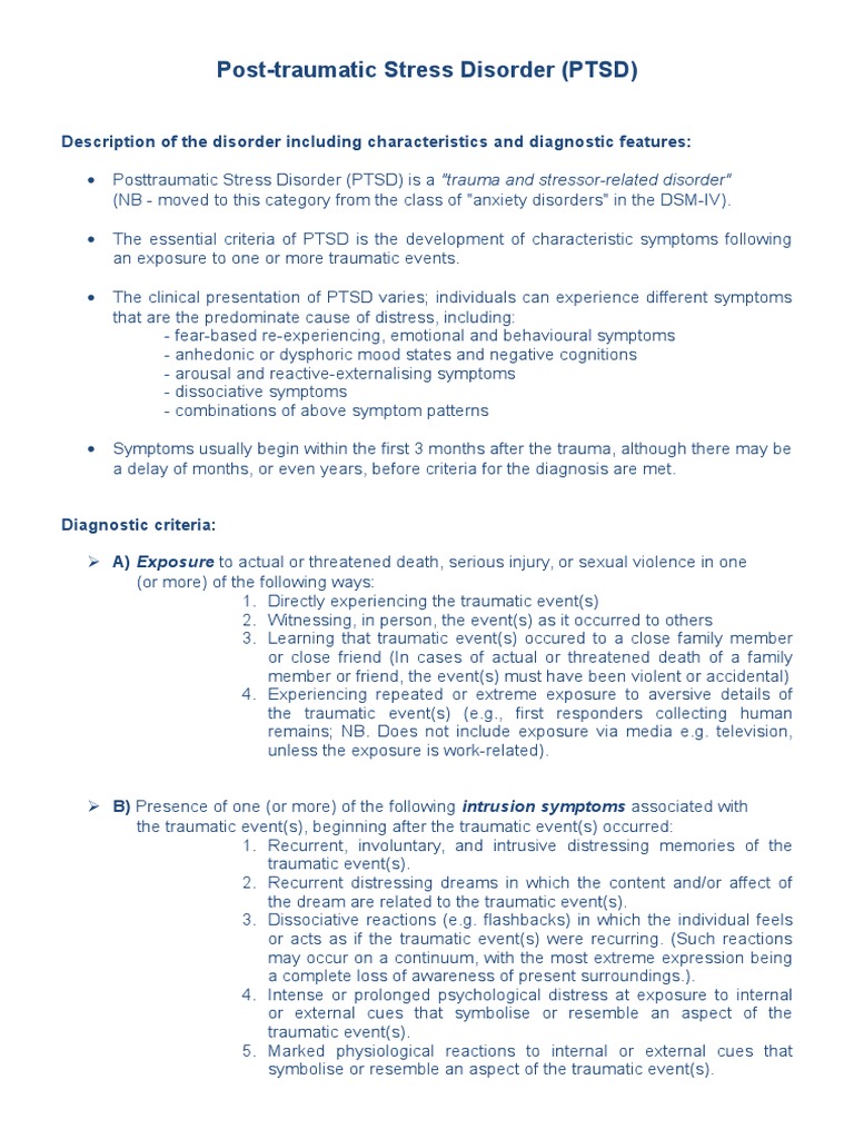 PTSD - Diagnostic Criteria | PDF | Psychological Trauma | Posttraumatic ...