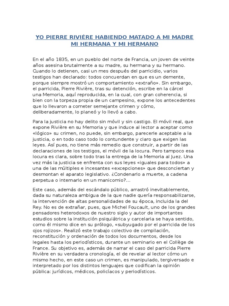 Yo Pierre Riviére Habiendo Matado A Mi Madre Mi Hermana y Mi Hermano PDF