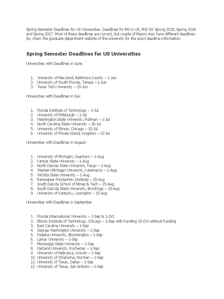 Spring Semester Deadlines For US Universities | PDF | Higher Education