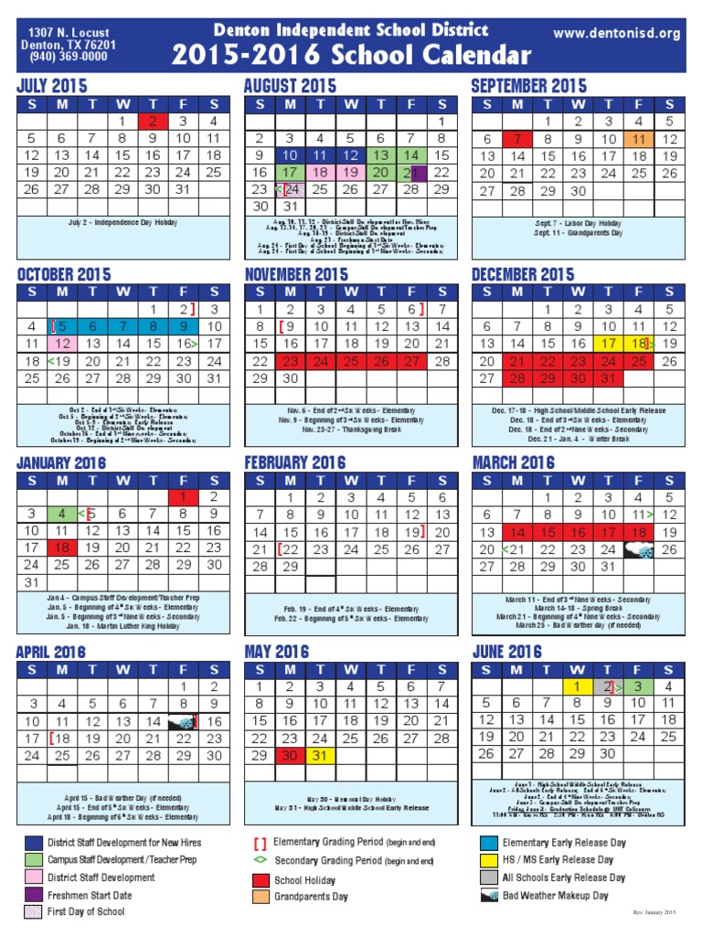 Denton ISD 2015-2016 School Calendar | PDF | Educational Stages | Students, image size:768x1024