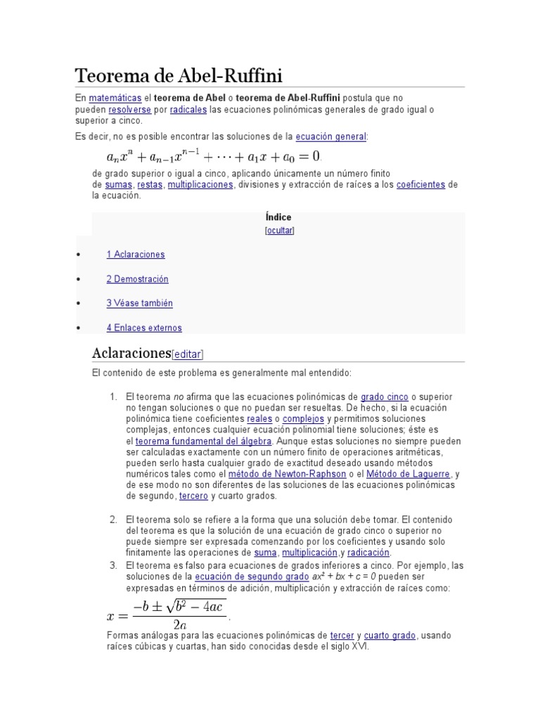 Teorema de Abel-Ruffini en Matemáticas | PDF | Ecuaciones | Funciones y ...