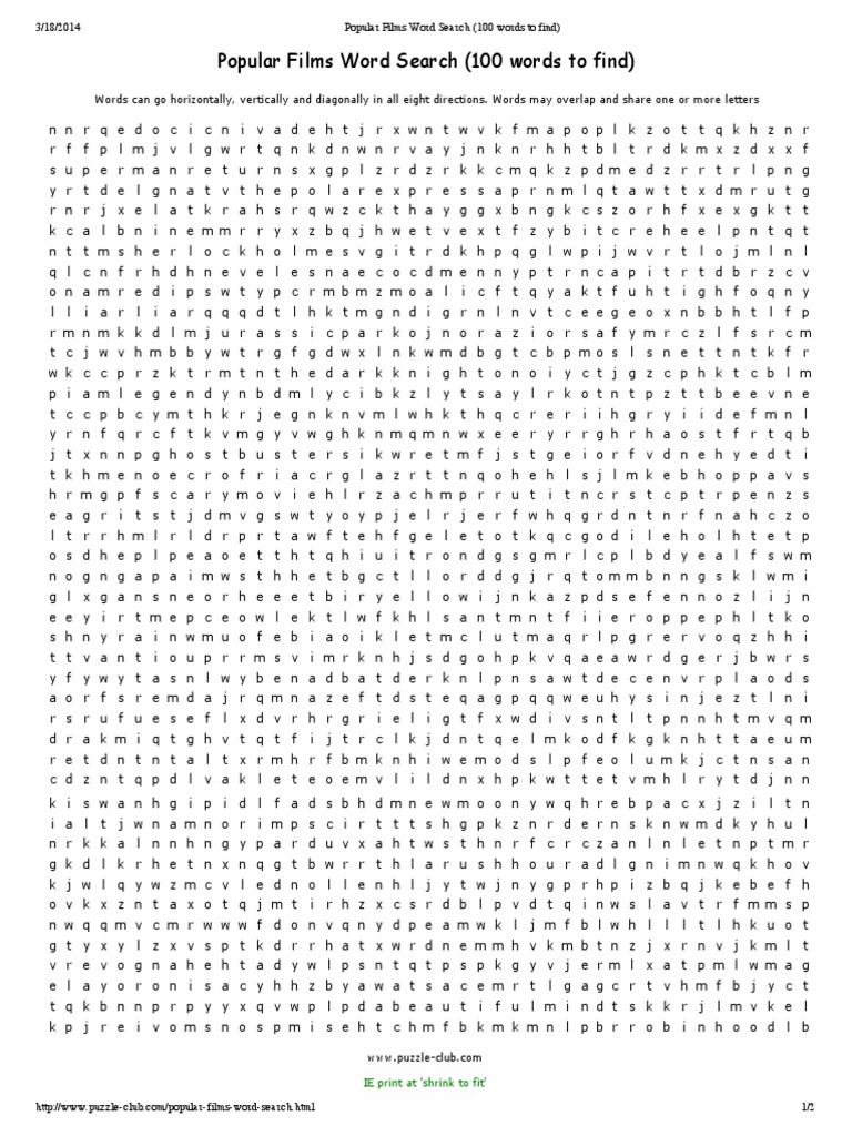Popular Films Word Search (100 Words To Find) | PDF | Word Search for Free Printable 100 Word Word Search