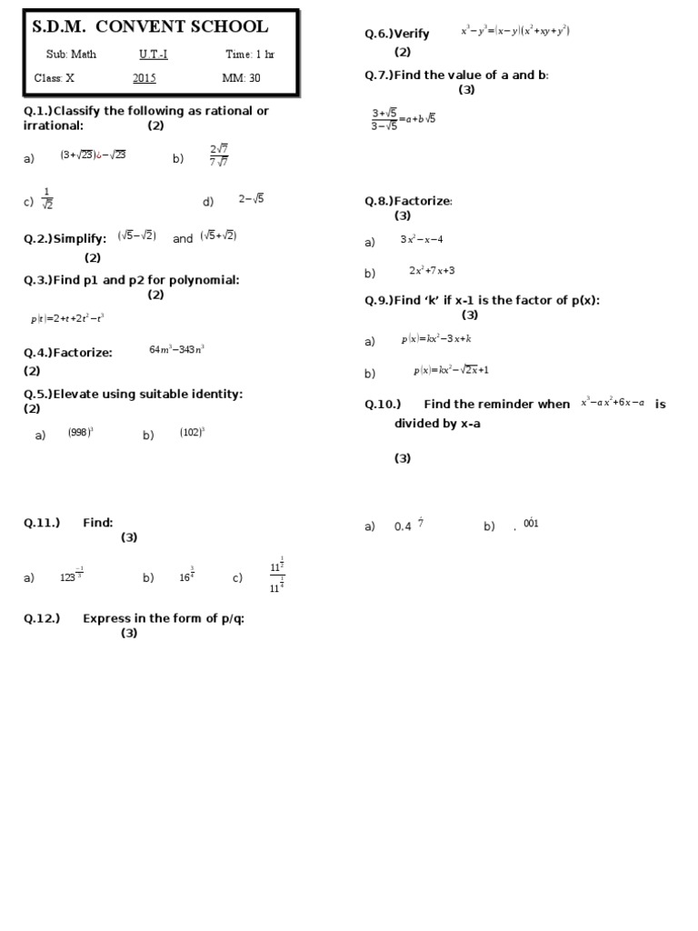 Math U.T.-I Class X Exam 2015 | PDF