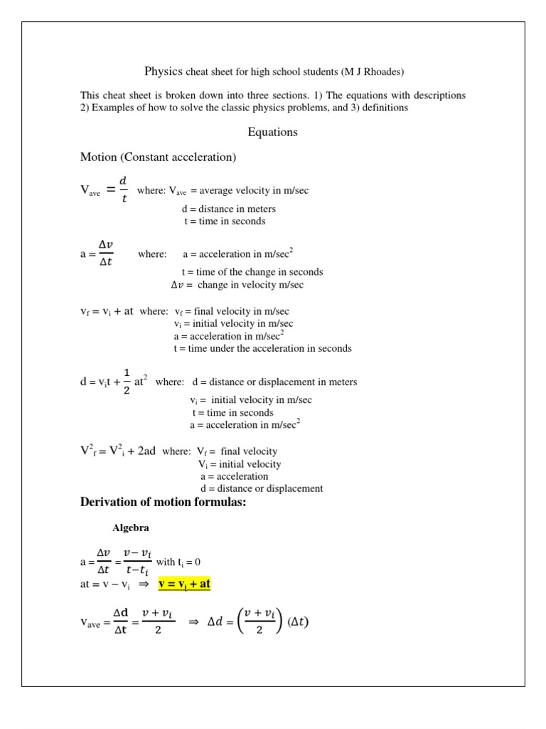General Physics 1 Formula Sheet