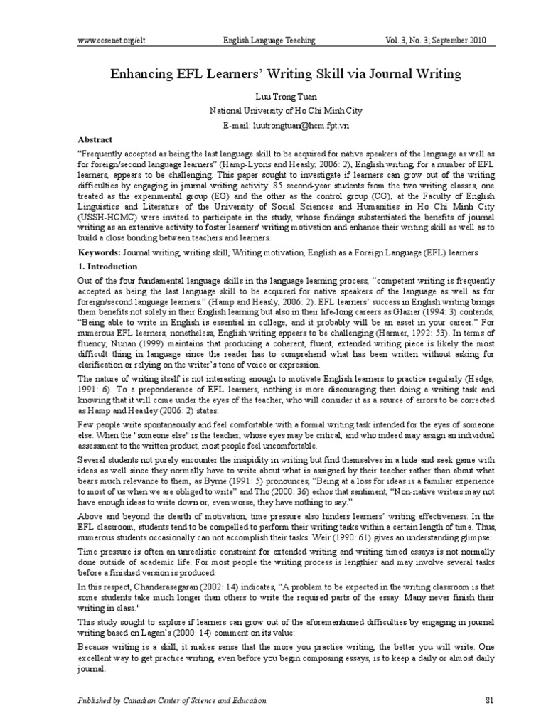 Enhancing EFL Learners' Writing Skill Via Journal Writing | PDF ...