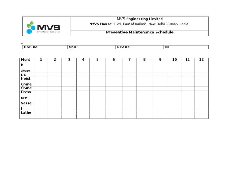 Preventive Maintenance Schedule for Equipment | PDF