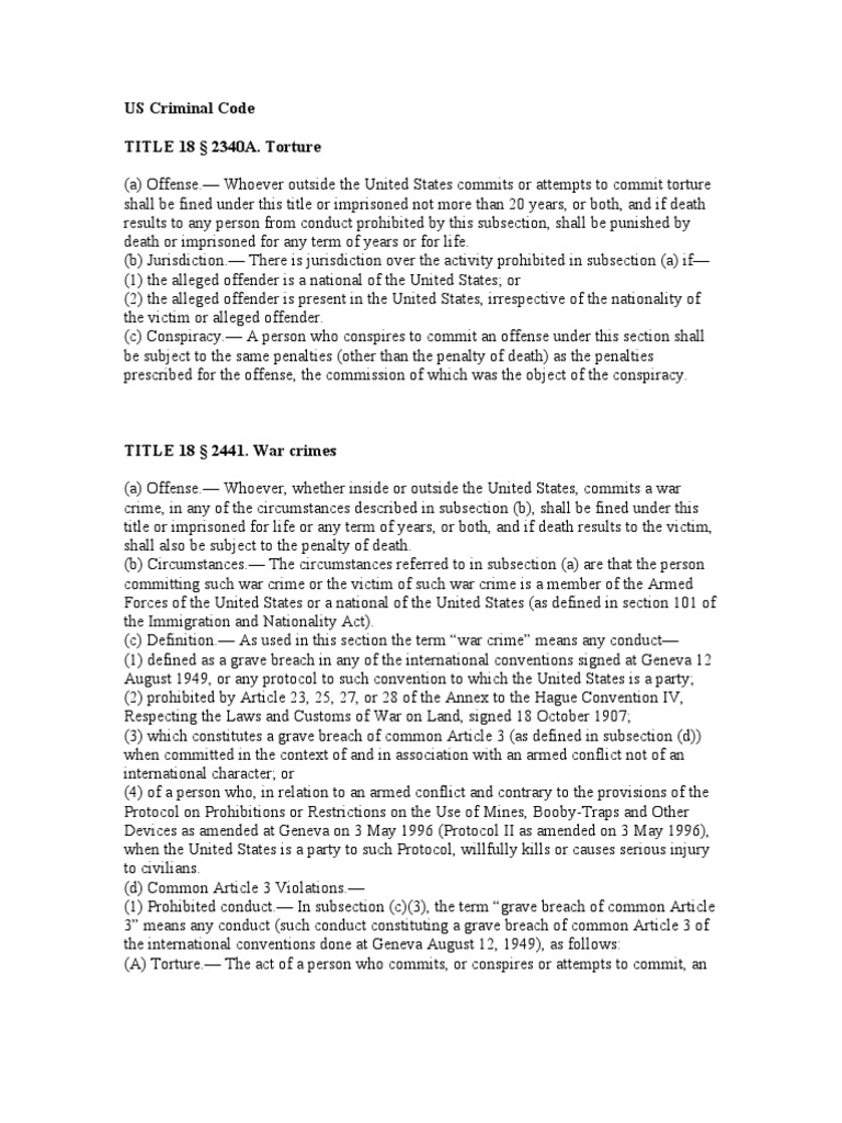 US Criminal Code TITLE 18 2340A. Torture PDF Geneva Conventions