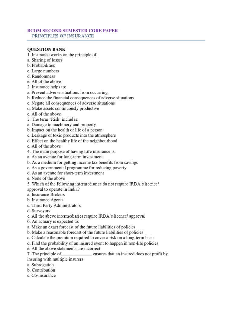 MCQ in Principles of Insurance | PDF | Reinsurance | Insurance