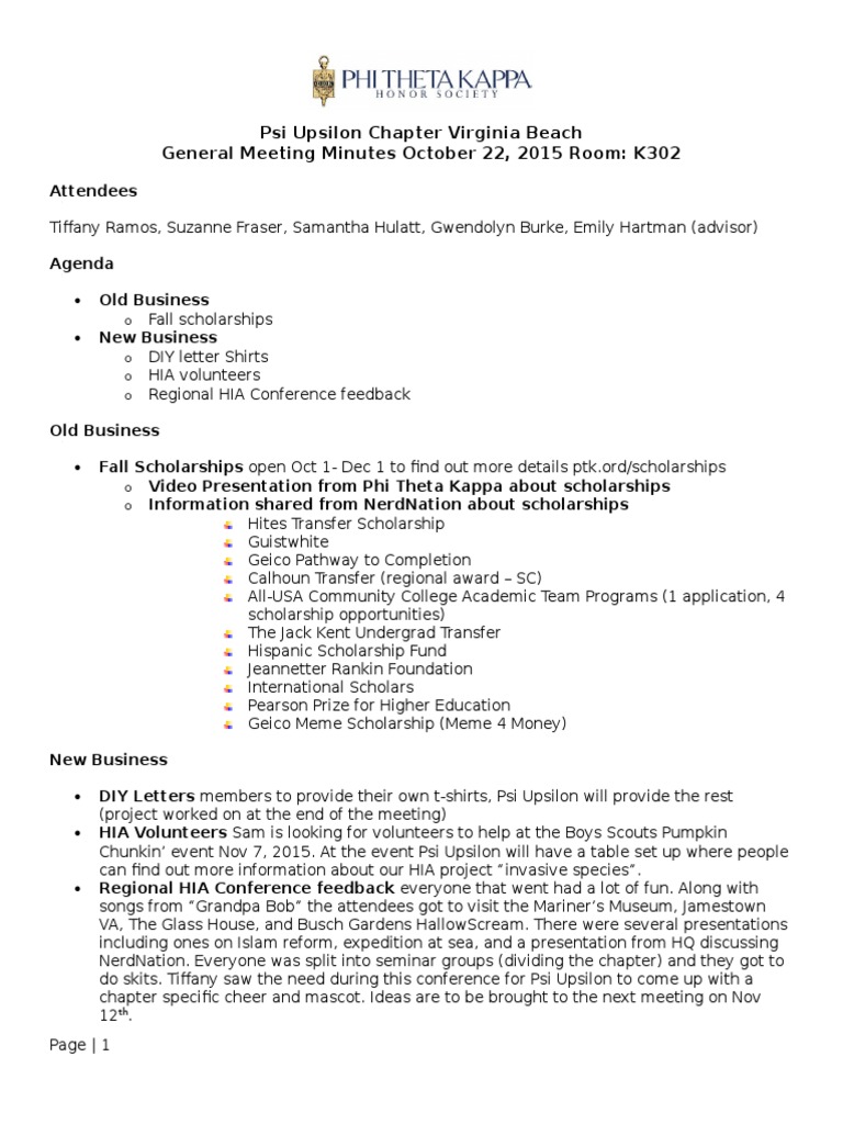 Psi Upsilon Chapter Meeting Minutes 2015 | PDF