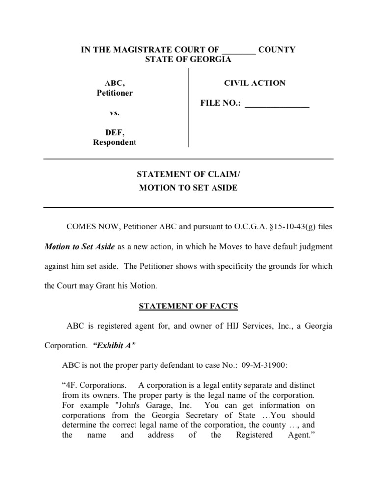 Motion Set Aside Default GA Magistrate Court PDF Lawsuit Corporations