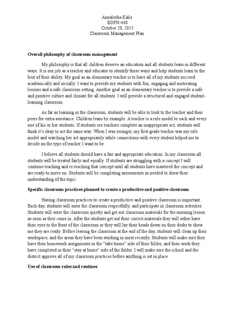 Classroom Management Plan Overview | PDF | Classroom Management | Classroom