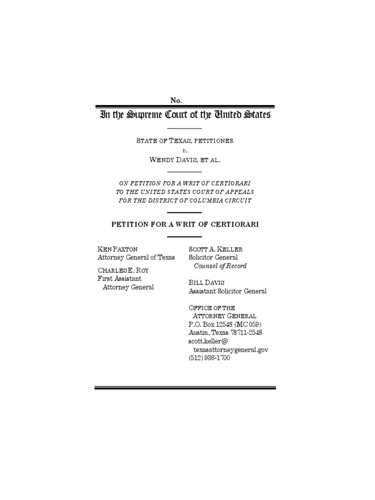 Texas V Davis Petition For A Writ of Certiorari PDF Nullification