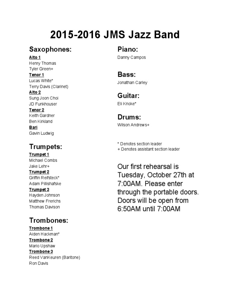 Jazz Band Roster | PDF