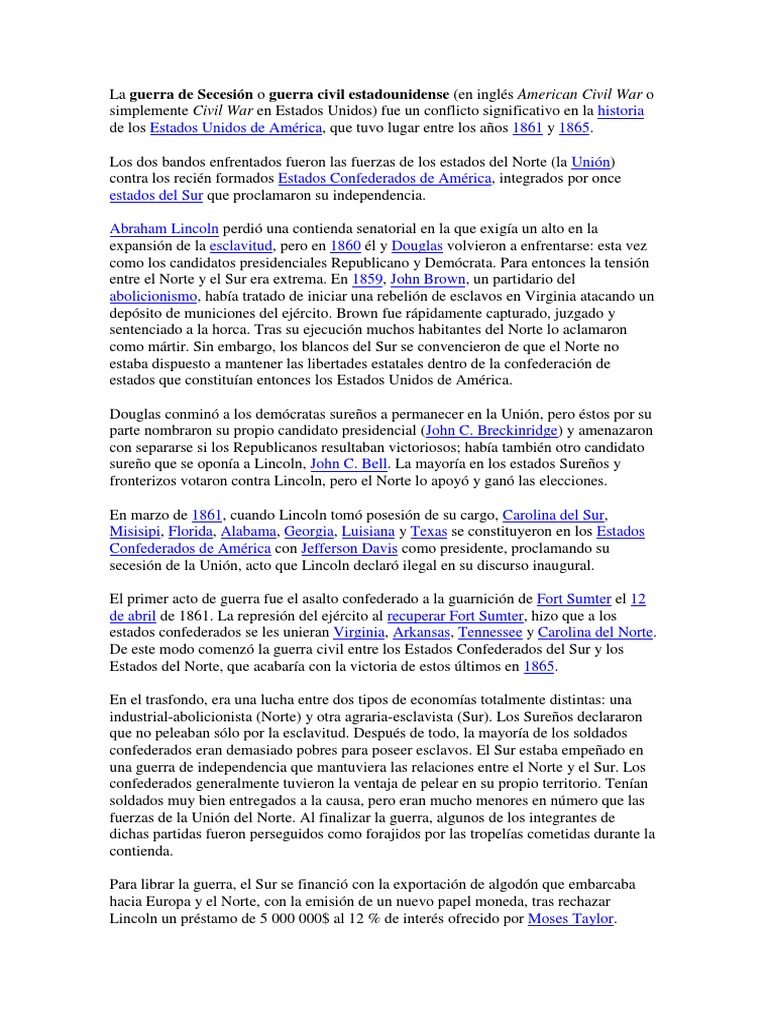 La Guerra De Secesión O Guerra Civil Estadounidense Pdf Estados