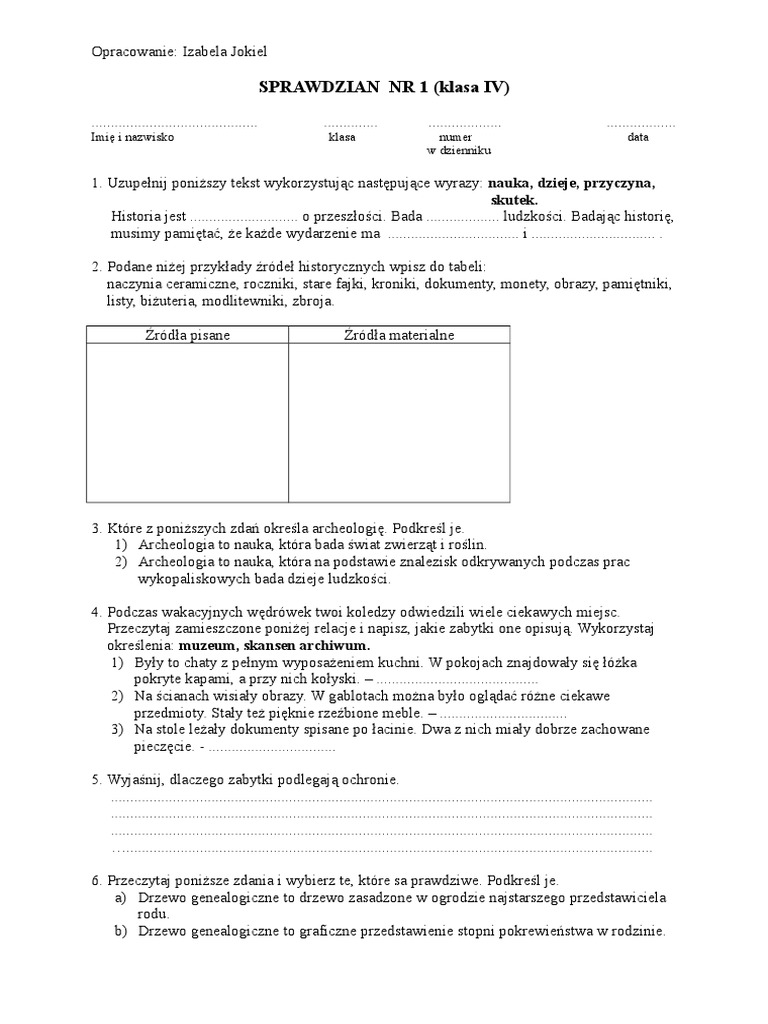 Test Z Histori Klasa 4 Sprawdzian Nr1 - Historia Kl.iv