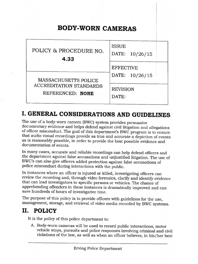 Erving Police Department Body Camera Usage Policy | PDF