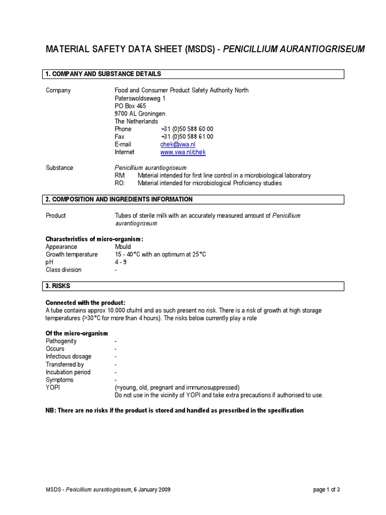 Material Safety Data Sheet (MSDS) Penicillium Aurantiogriseum PDF