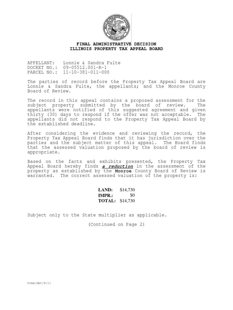 Final Administrative Decision Illinois Property Tax Appeal Board PDF Appeal Property Tax