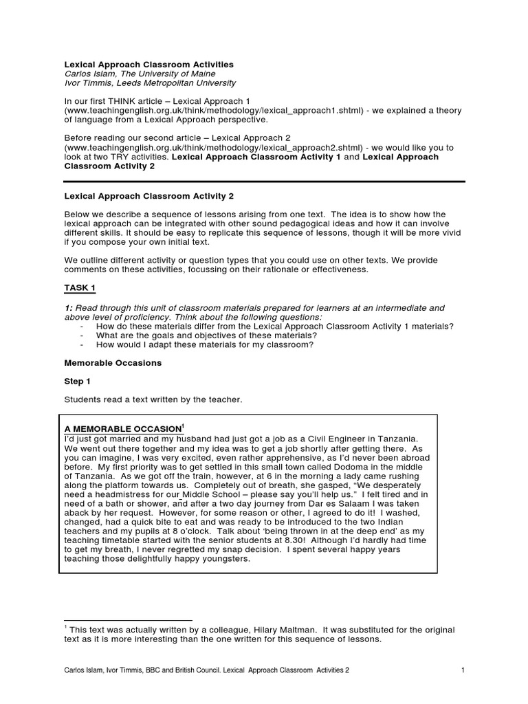 Lexical Approach Classroom Activities | PDF | Classroom | Communication