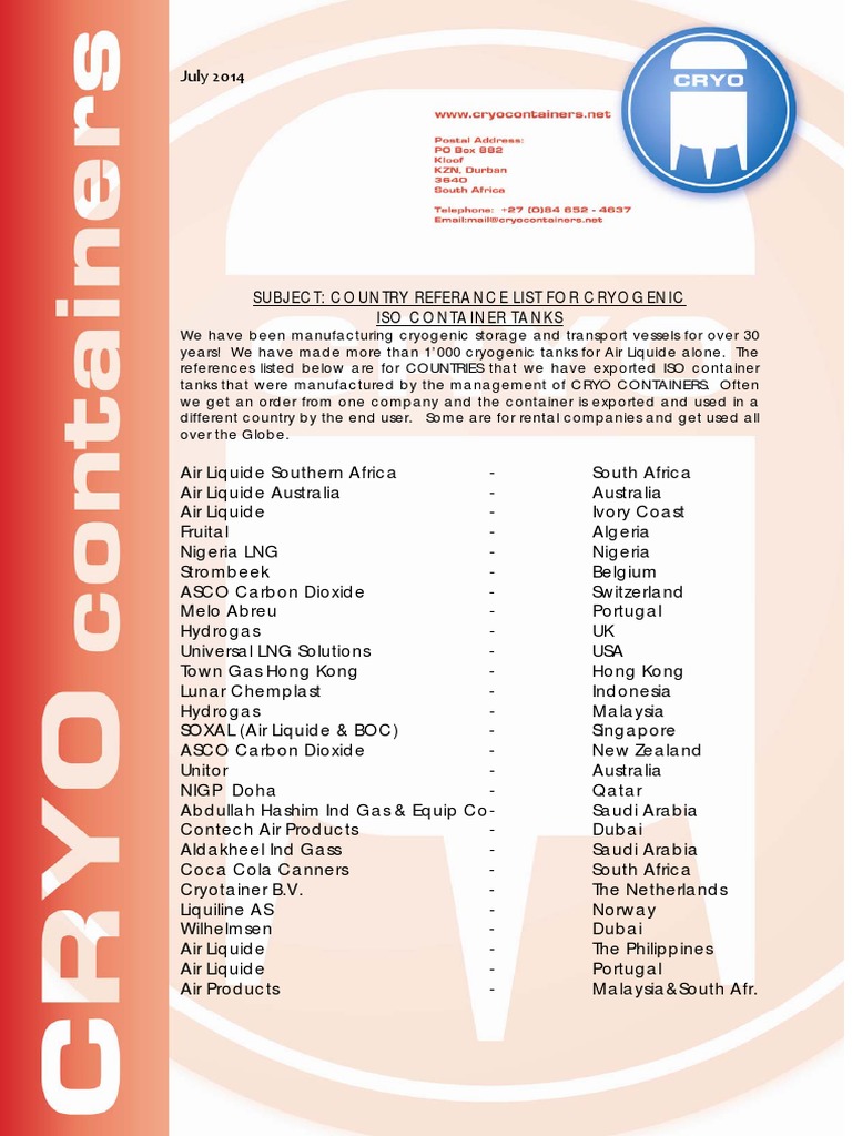 Cryo Containers Reference List - July 2014 | PDF | Technology & Engineering