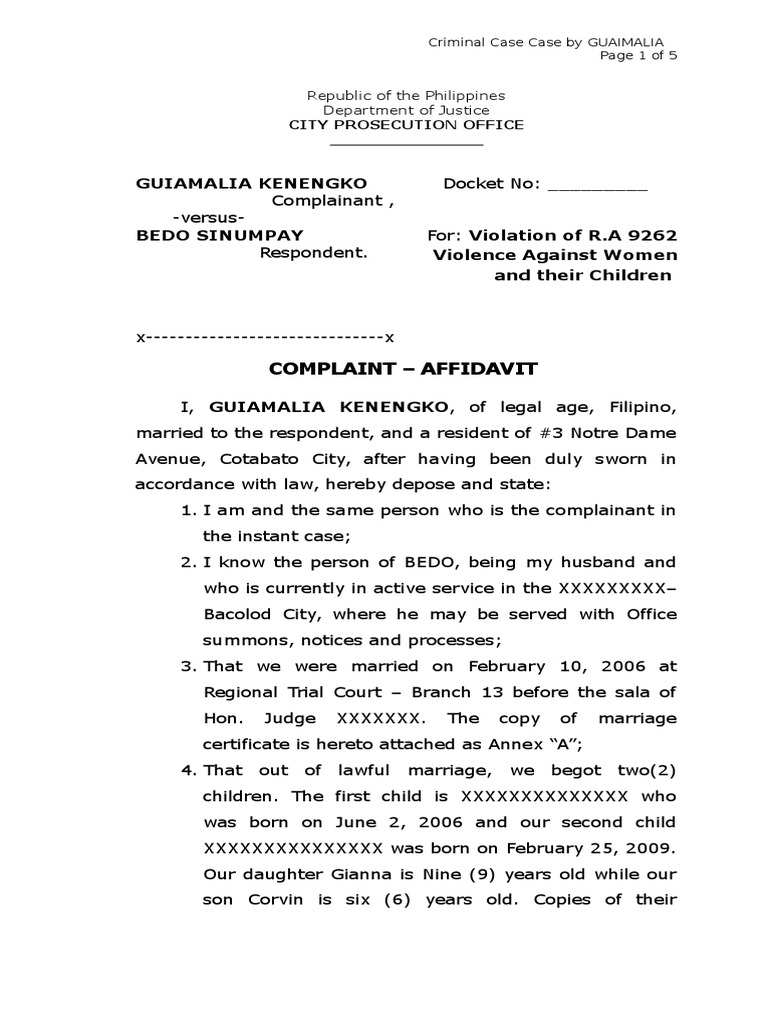 to letter client complaint RA Sample Affidavit for Complaint Violation of 9262 to letter client complaint RA Sample Affidavit for Complaint Violation of 9262