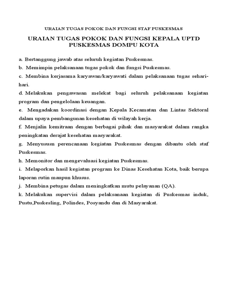 Uraian Tugas Pokok Dan Fungsi Staf Puskesmas