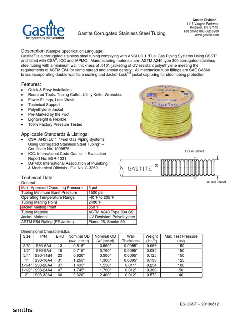 Gastite Corrugated Stainless Steel Tubing: Portland, TN. 37148 ...