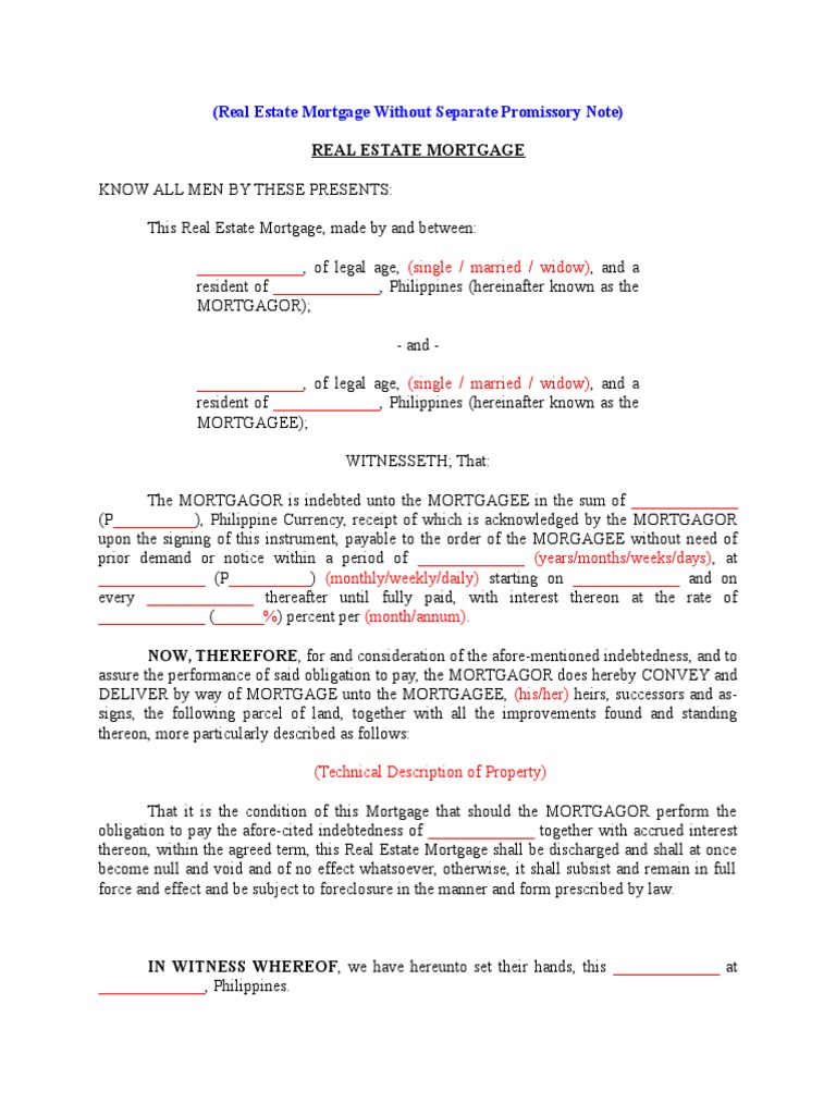 Real Estate Mortgage Without Separate Promissory Note  PDF With Regard To Promissory Note Real Estate Template