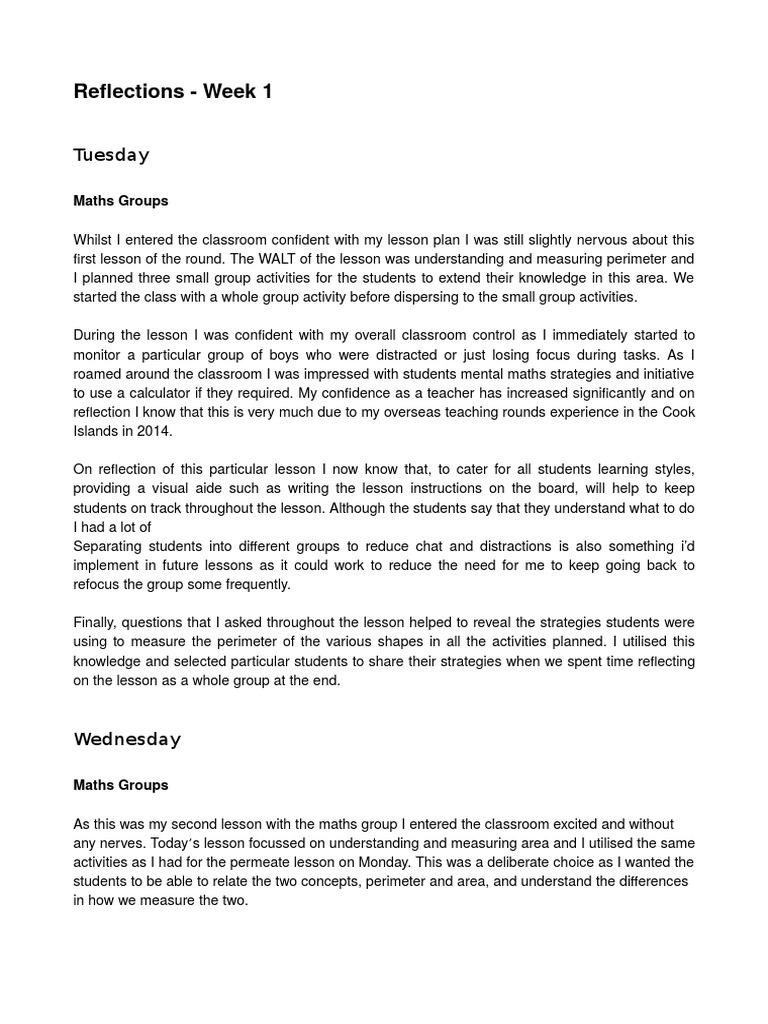 reflections week 2 Lesson Plan Classroom