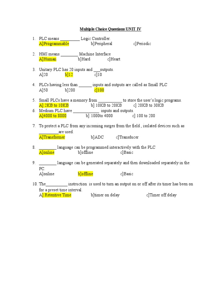Plc And Human Machine Interface Hmi Mcq Programmable Logic Controller Areas Of Computer Science