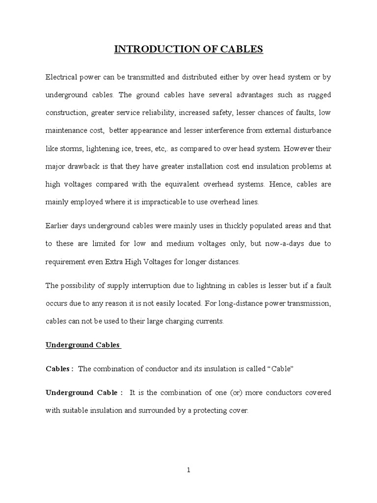 Introduction Of Cables Pdf Cable Insulator Electricity