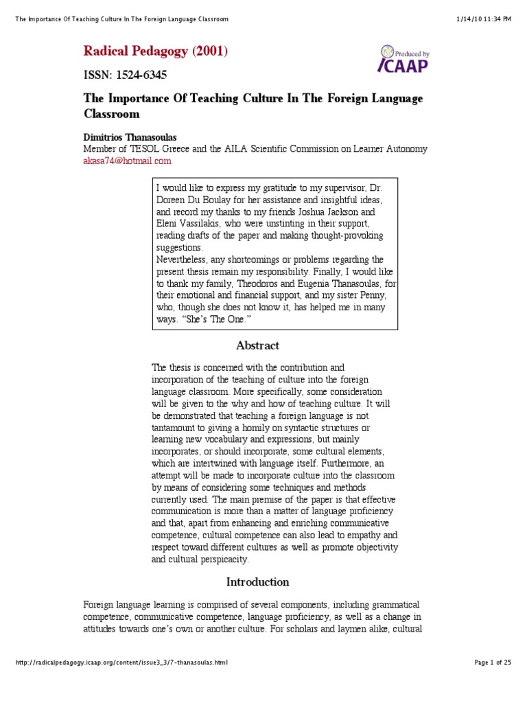 The Importance of Teaching Culture in The Foreign Language Classroom ...