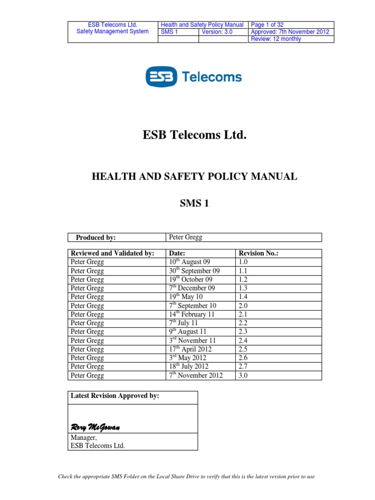 ESB Telecoms Health and Safety Manual | PDF | Occupational Safety And Health | Safety