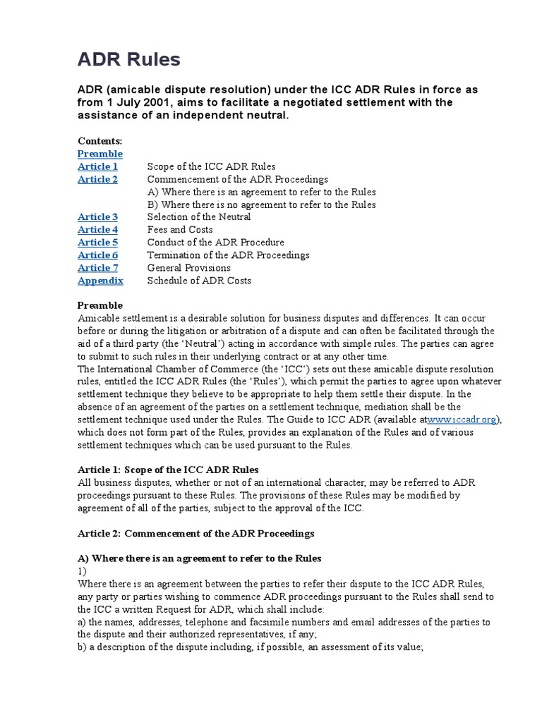 Icc Adr Rules Alternative Dispute Resolution Arbitration