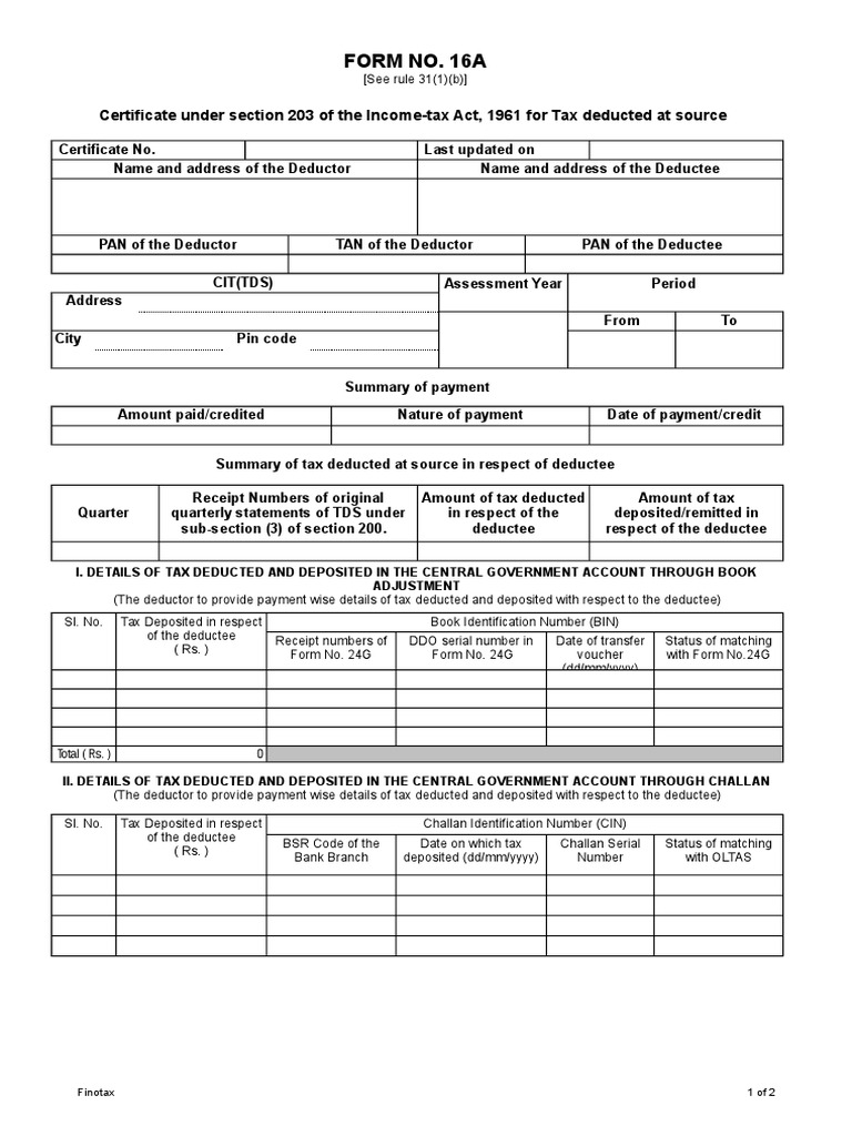 Form No. 16A: Certificate Under Section 203 of The Income-Tax Act, 1961 ...