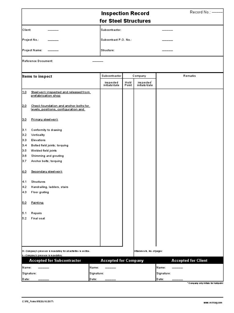 Inspection Record For Steel Structures: Items To Inspect | PDF