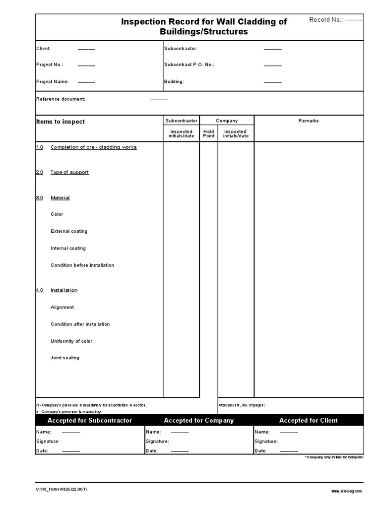 Wall Cladding Inspection Record Template | PDF | Technology & Engineering