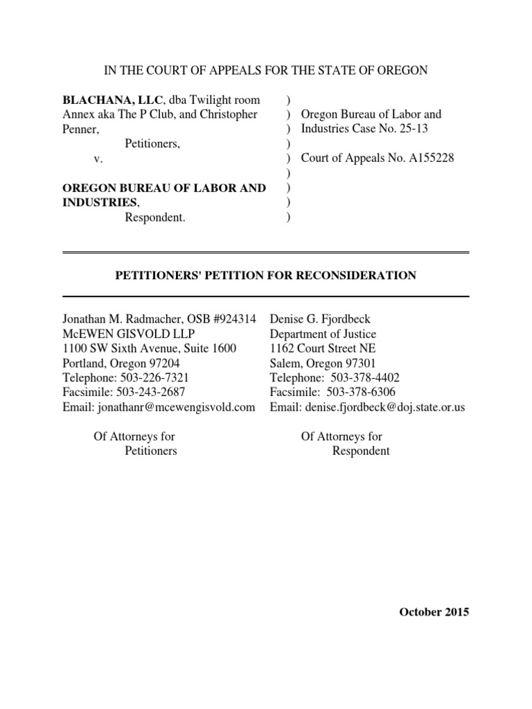 Petition for Reconsideration: Penner v. BOLI | PDF | Standard Of Review ...