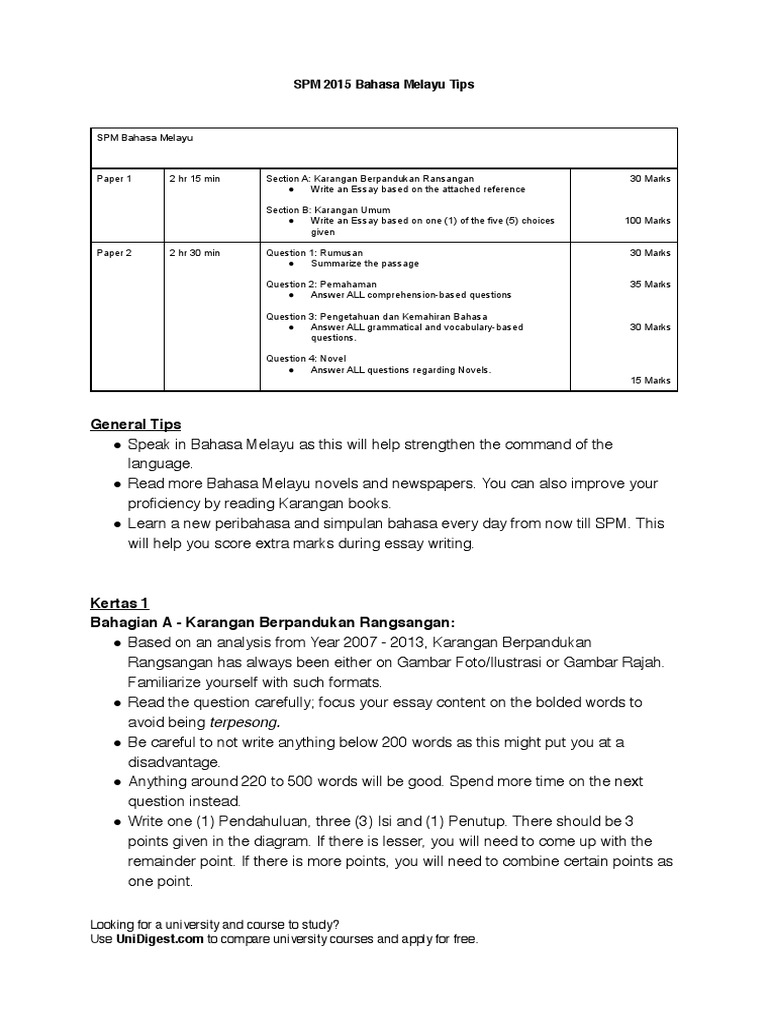 SPM 2015 Bahasa Melayu Exam Tips | PDF | Essays | Line (Geometry)