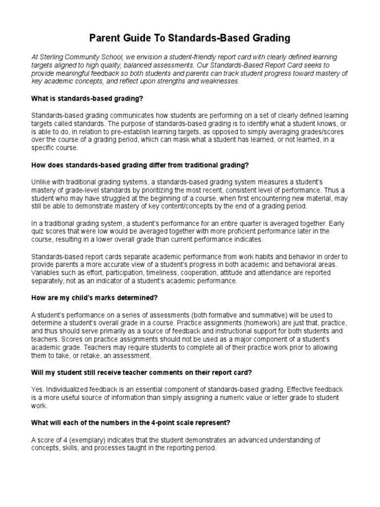 Parent Guide To StandardsBased Report Cards PDF Homework