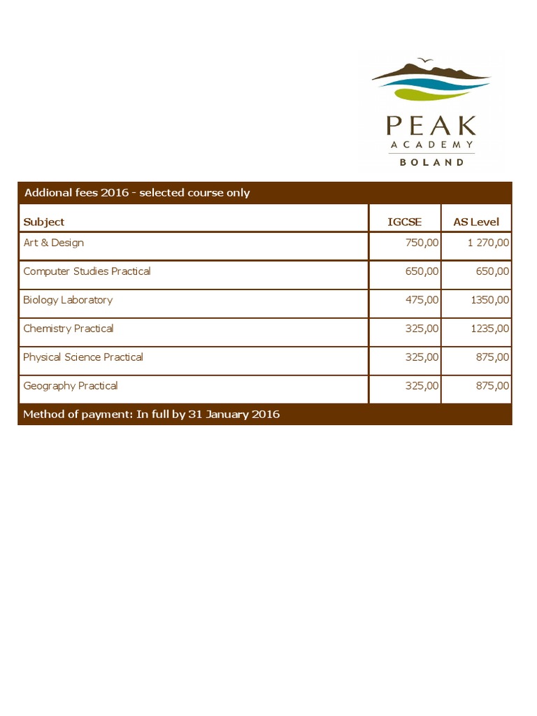Addional Fees 2016 - Selected Course Only: Subject Igcse AS Level | PDF