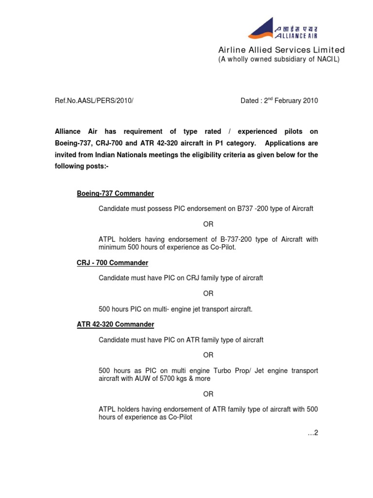 Pilot Recruitment For Alliance Air | PDF | Aircraft | Aviation