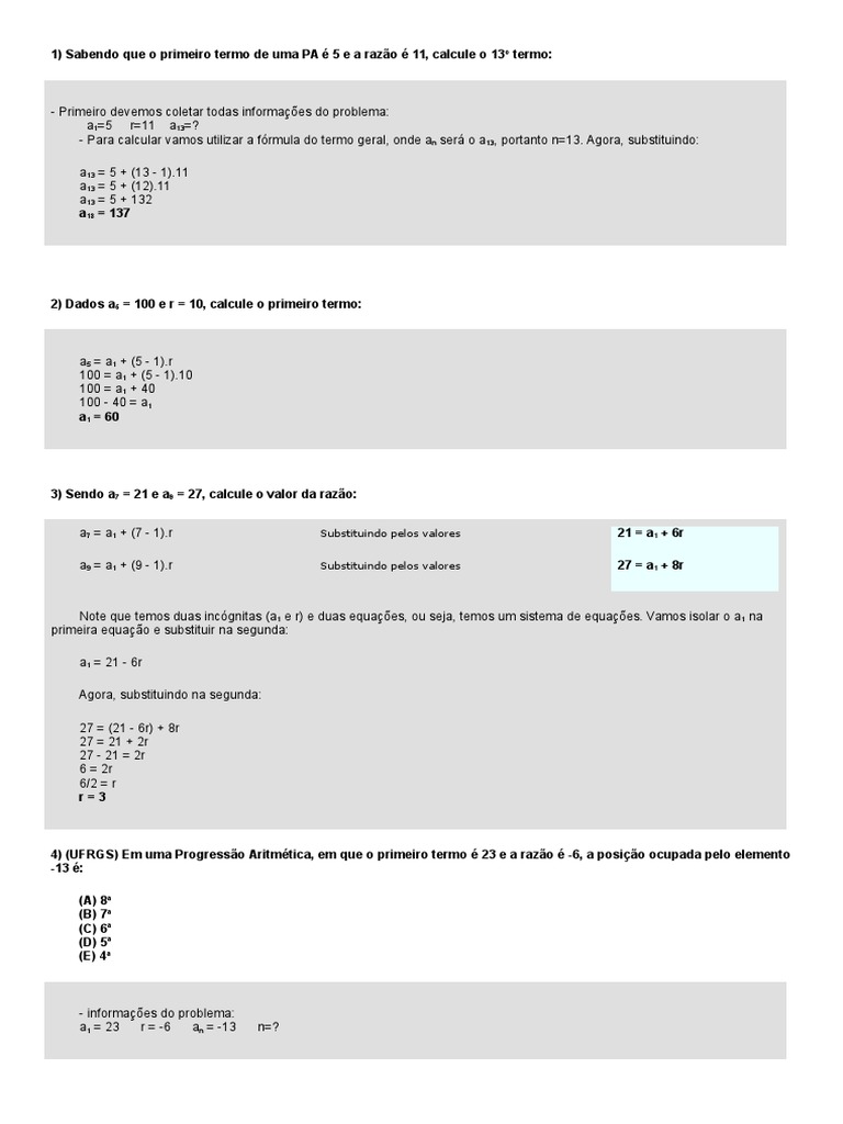 Lista de Exercícios PA PG Com Gabarito | PDF | Equações | Objetos ...