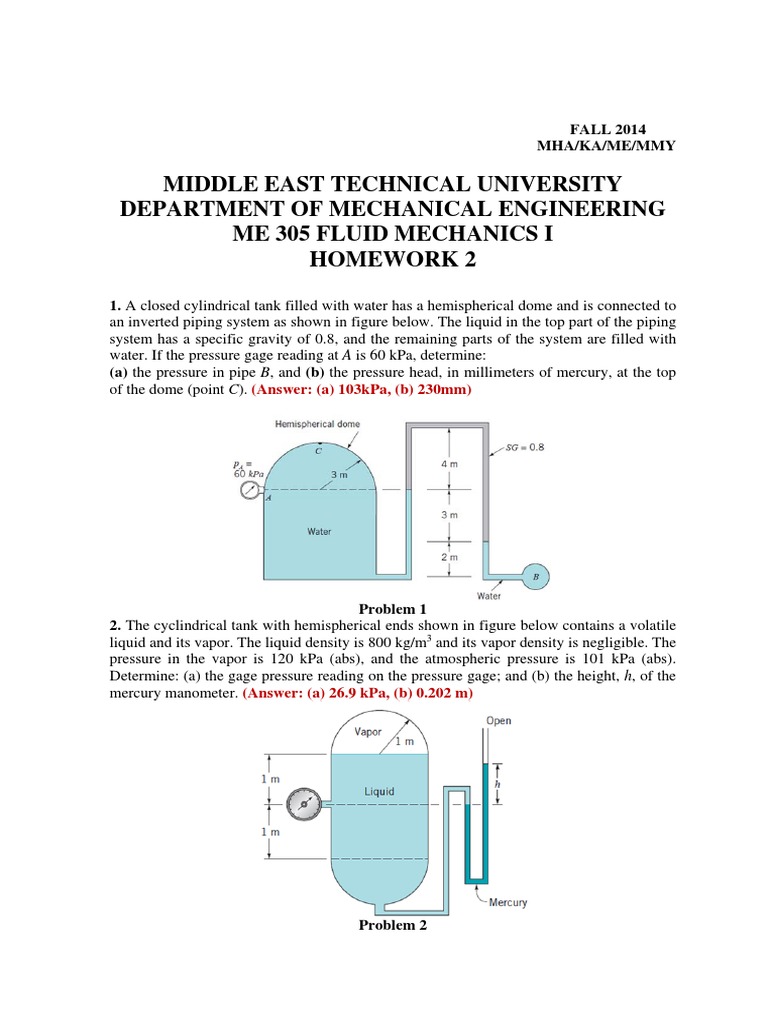 Fluid Mechanics Homework Problems | PDF | Pressure Measurement | Pressure