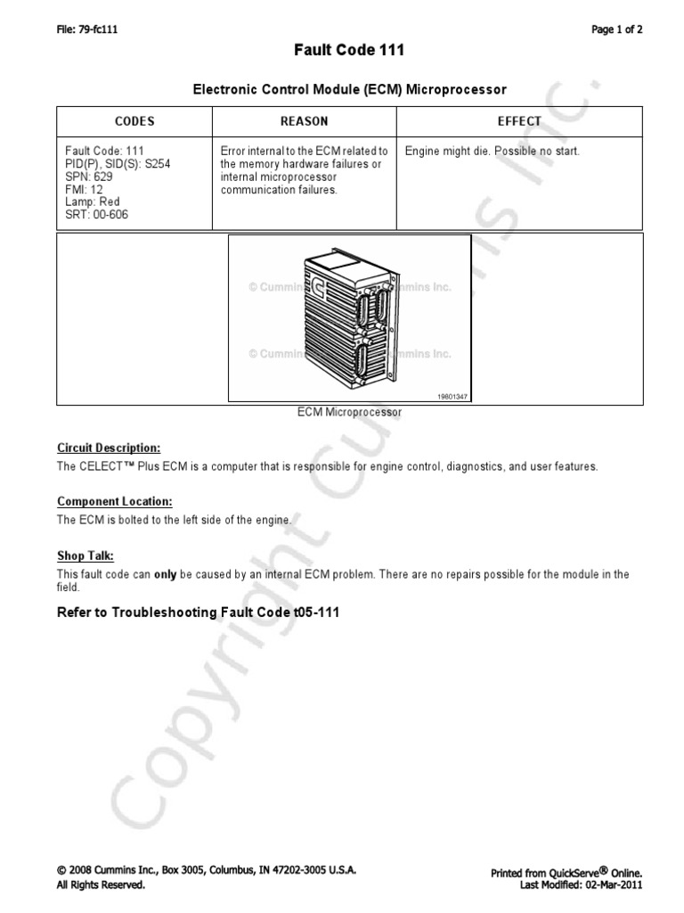 Fault Code 111: Electronic Control Module (ECM) Microprocessor