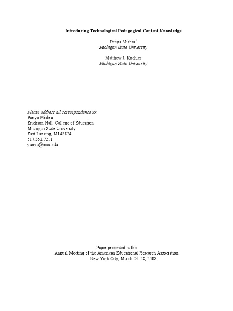 Introducing Technological Pedagogical Content Knowledge | PDF