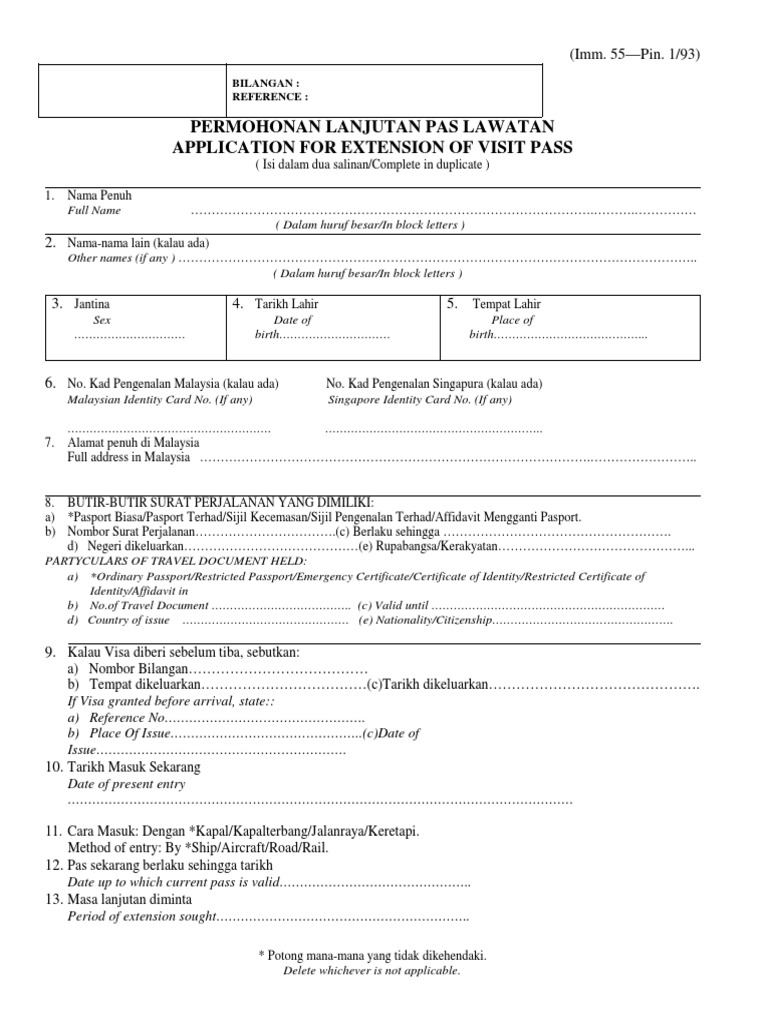 Borang Permohonan Lanjutan Pas Lawatan Perpanjang Visa Malaysia Pdf