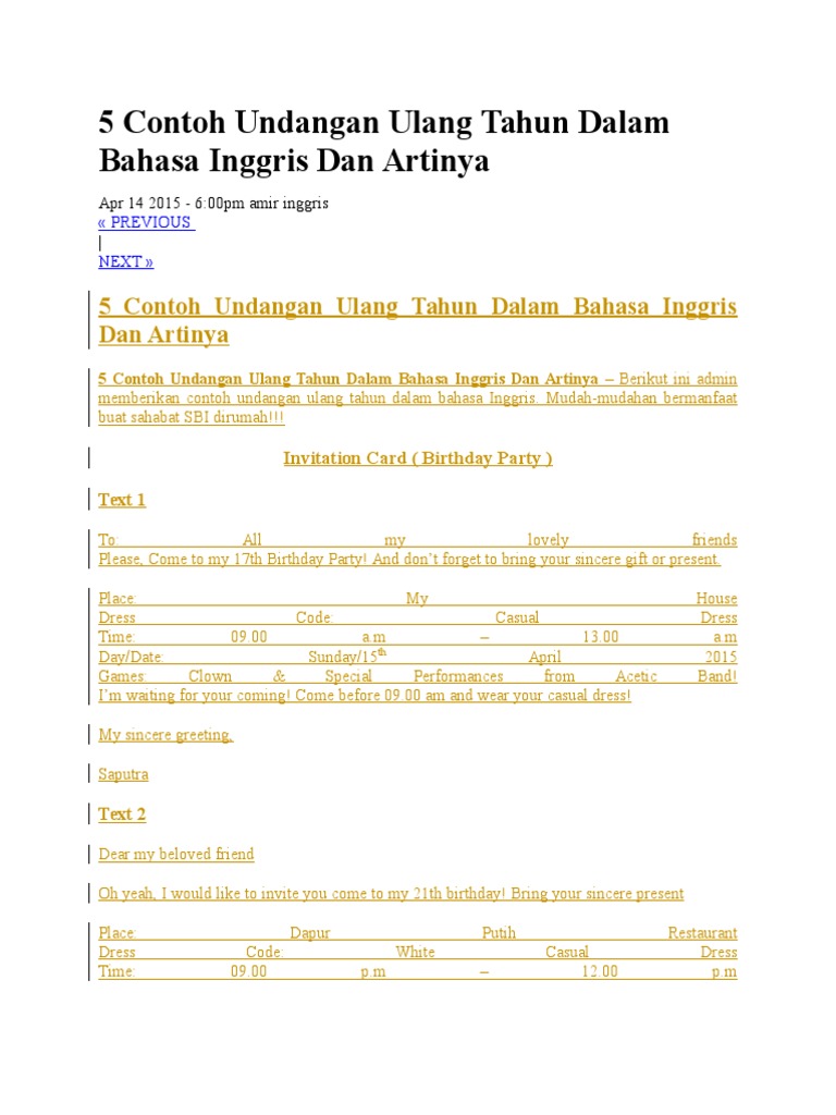 5 Contoh Undangan Ulang Tahun Dalam Bahasa Inggris Dan Artinyadoc