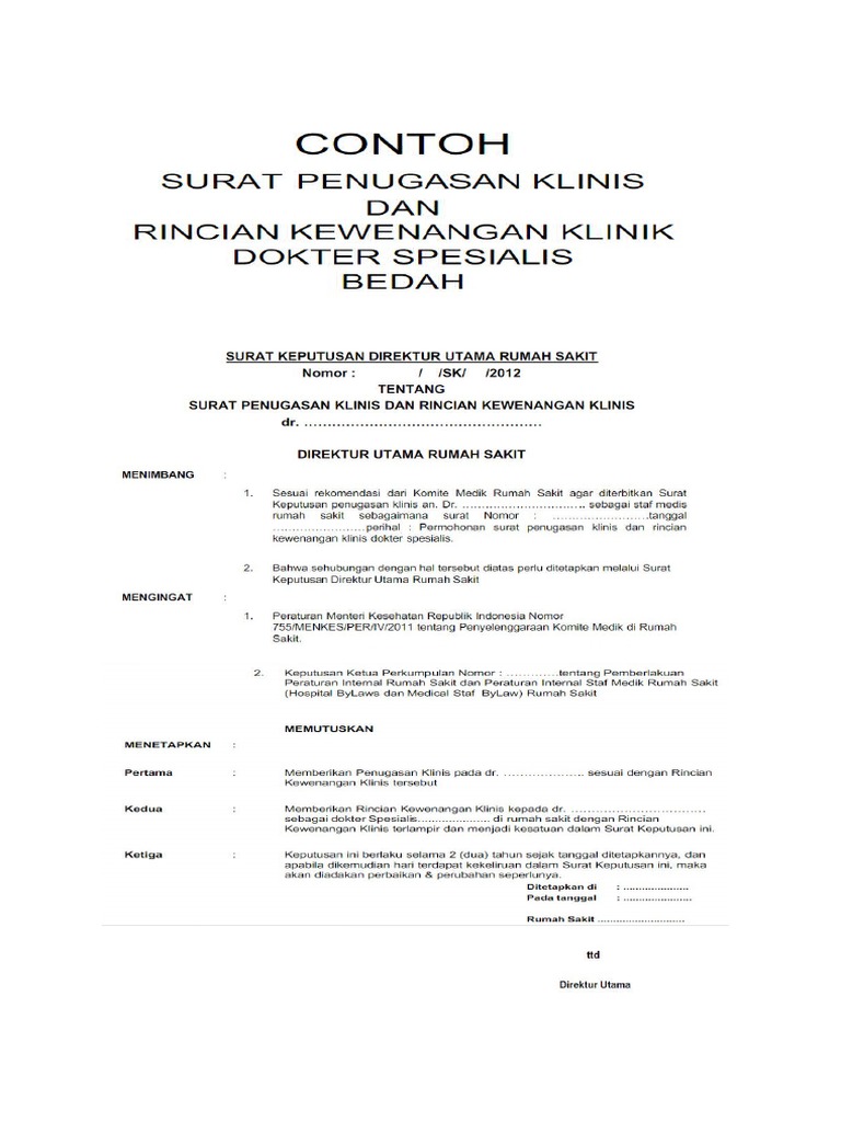 Contoh Surat Keputusan Penugasan Klinis Dan Kewenangan Klinis Bedah